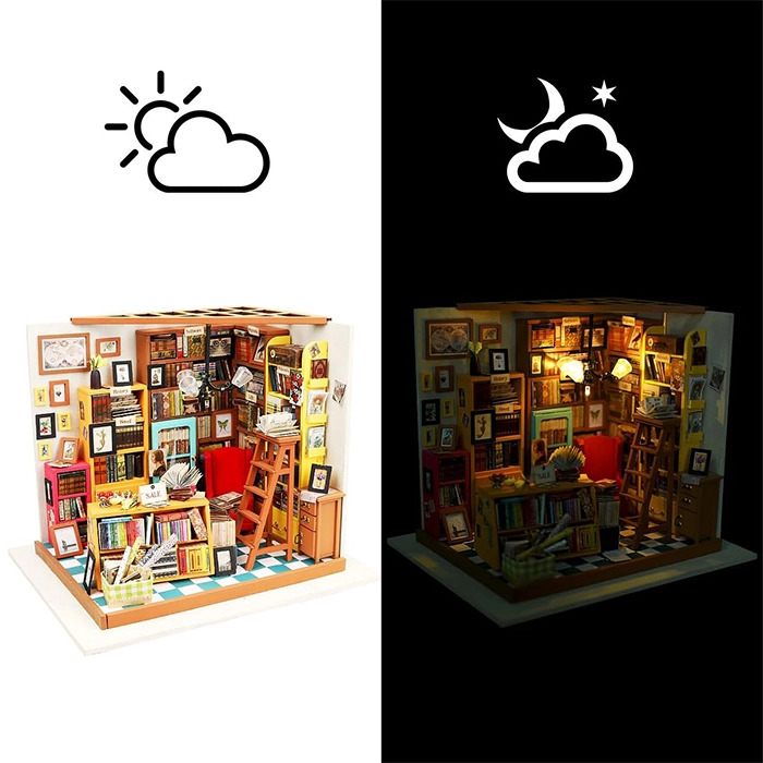 Wooden DIY Miniature Dollhouse Kit with Furniture and Accessories, Sam's Study