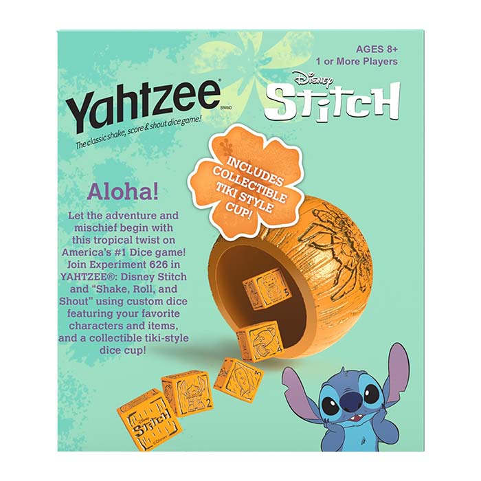 Yahtzee Disney Stitch Classic Dice Game with Tiki Style Dice Cup