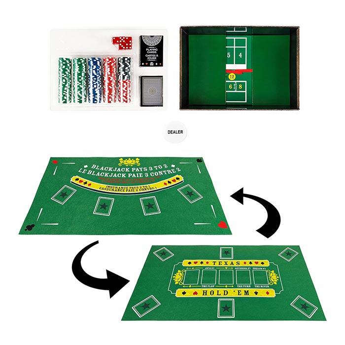 Deluxe Casino Set 3-Games-In-1 Craps Blackjack and Texas Hold 'Em Poker