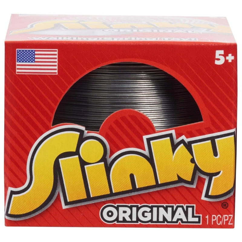 A red box of Slinky Original filament, showing a circular cutout of the black filament inside. The packaging features the yellow 'Slinky' logo, 'ORIGINAL' text, a small American flag icon, and '5+' age rating.