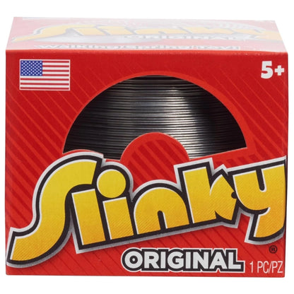 A red box of Slinky Original filament, showing a circular cutout of the black filament inside. The packaging features the yellow 'Slinky' logo, 'ORIGINAL' text, a small American flag icon, and '5+' age rating.