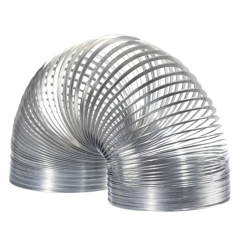A curved, flexible galvanized steel spiral with a slinky, coiled design, shown on a solid white background.