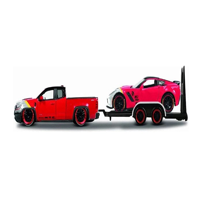 Maisto Chevrolet Colorado ZR2 Pickup Truck/Corvette Z06 with Flatbed Trailer – Red