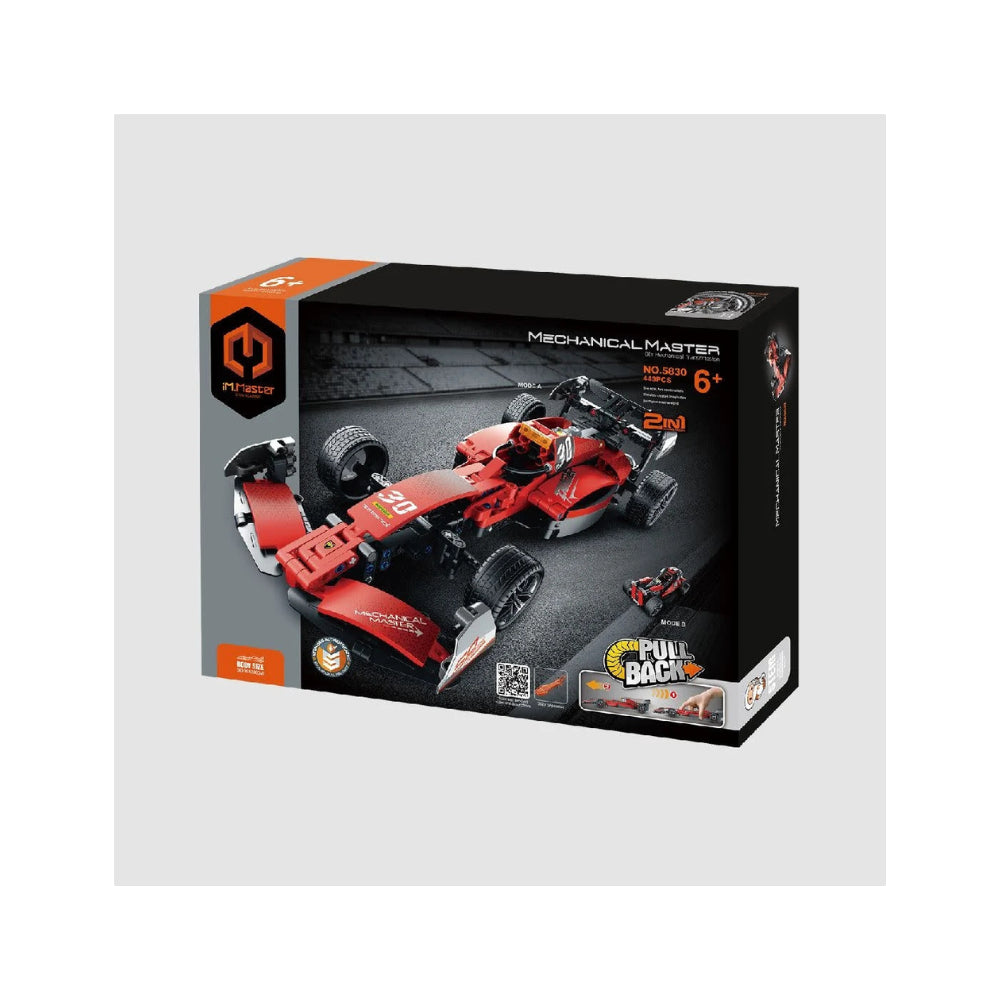 A toy building block set box labeled 'MECHANICAL MASTER' showing a red racing car model on a black and orange retail package, photographed on a light gray background.