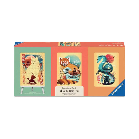 Ravensburger Ukiyo-E Cat Warrior, Red Panda &amp; Dragon Puzzle &amp; Easel Set 3x 100 piece Mini Jigsaw Puzzles