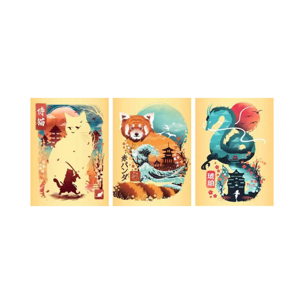 Ravensburger Ukiyo-E Cat Warrior, Red Panda &amp; Dragon Puzzle &amp; Easel Set 3x 100 piece Mini Jigsaw Puzzles